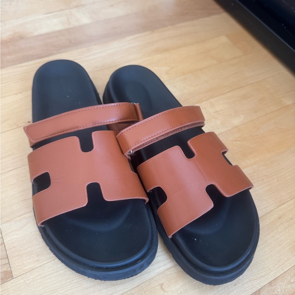 Brown and Black Slide Sandals
